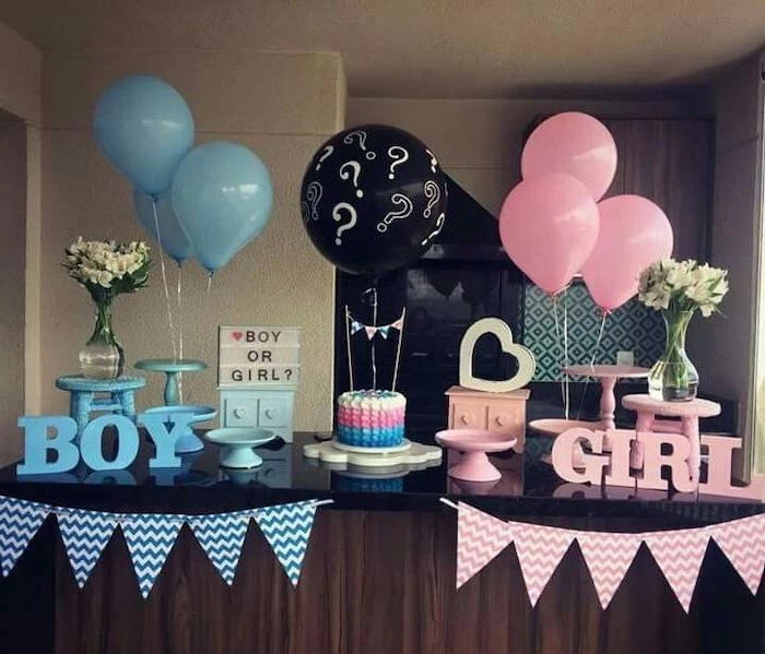 pink and blue decorations, large black balloon, gender reveal ideas pinterest, dessert table
