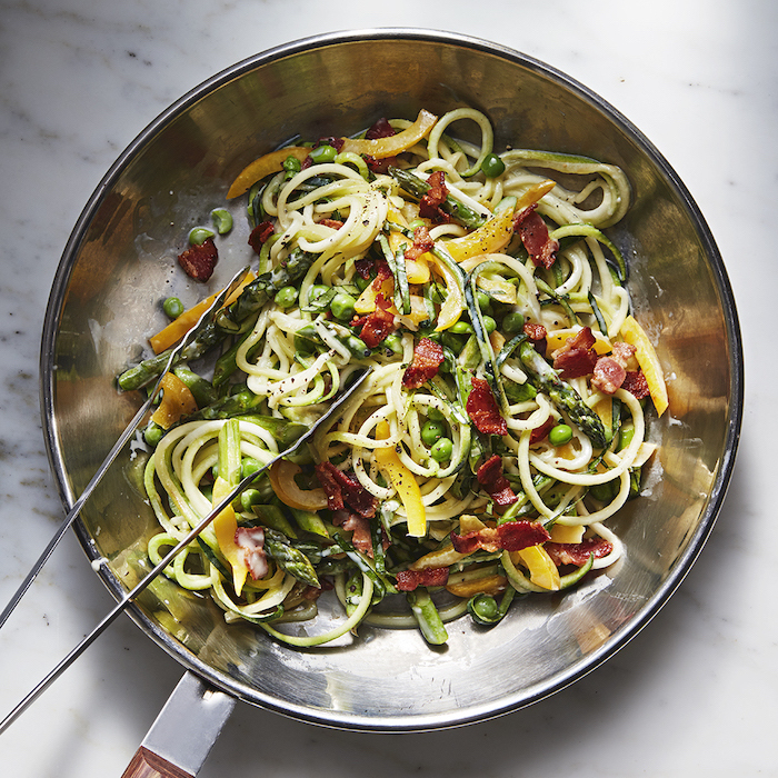 zucchini spaghetti recipe, bacon and peppers, with zoodles, in a pan, silver tongs, marble countertop