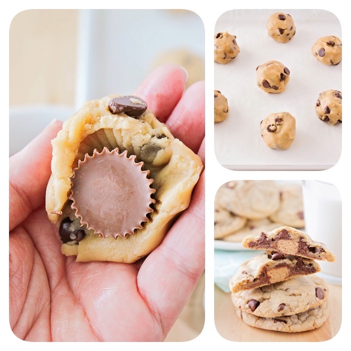 photo collage, homemade chocolate chip cookies, reeses pieces inside, chocolate chips, cookie dough