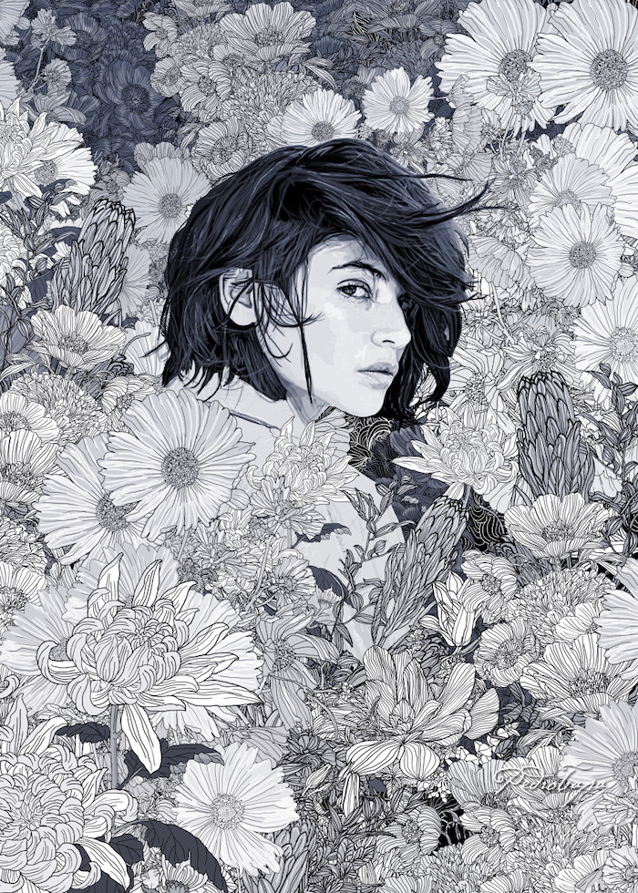 woman with black hair, surrounded by flowers, flower doodles, black and white, pencil sketch