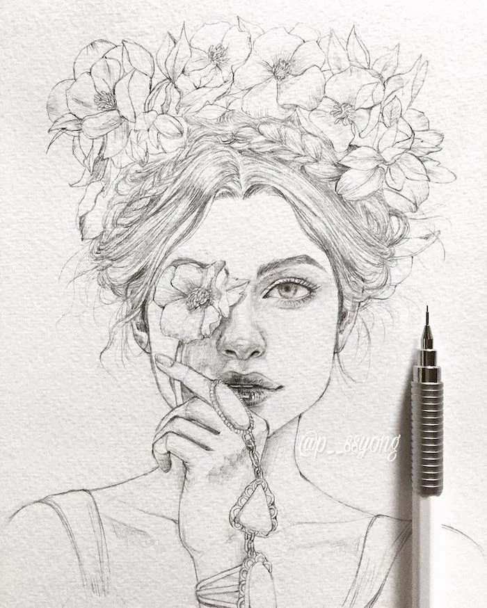 black and white, pencil sketch, how to draw a rose step by step, woman with a flower crown