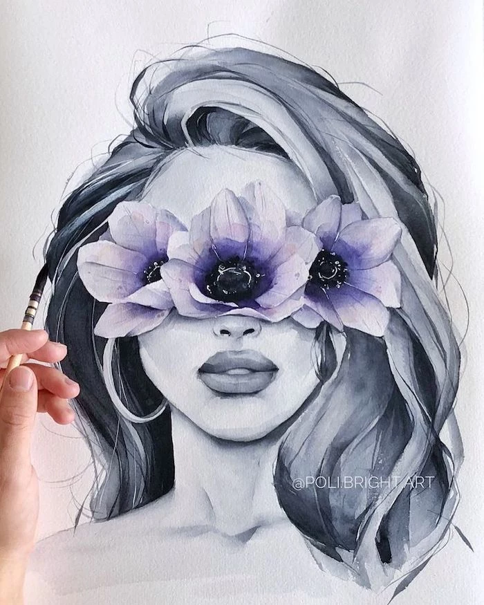 watercolor painting, woman with black hair, purple flowers, white background, flower doodles, drawing ideas flowers step by step