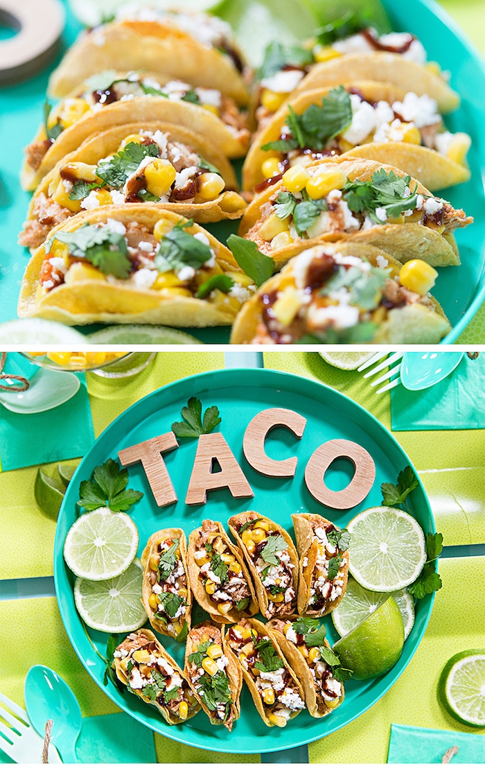 mini tacos, arranged on turquoise, round tray, beef taco recipe, lime slices on the side