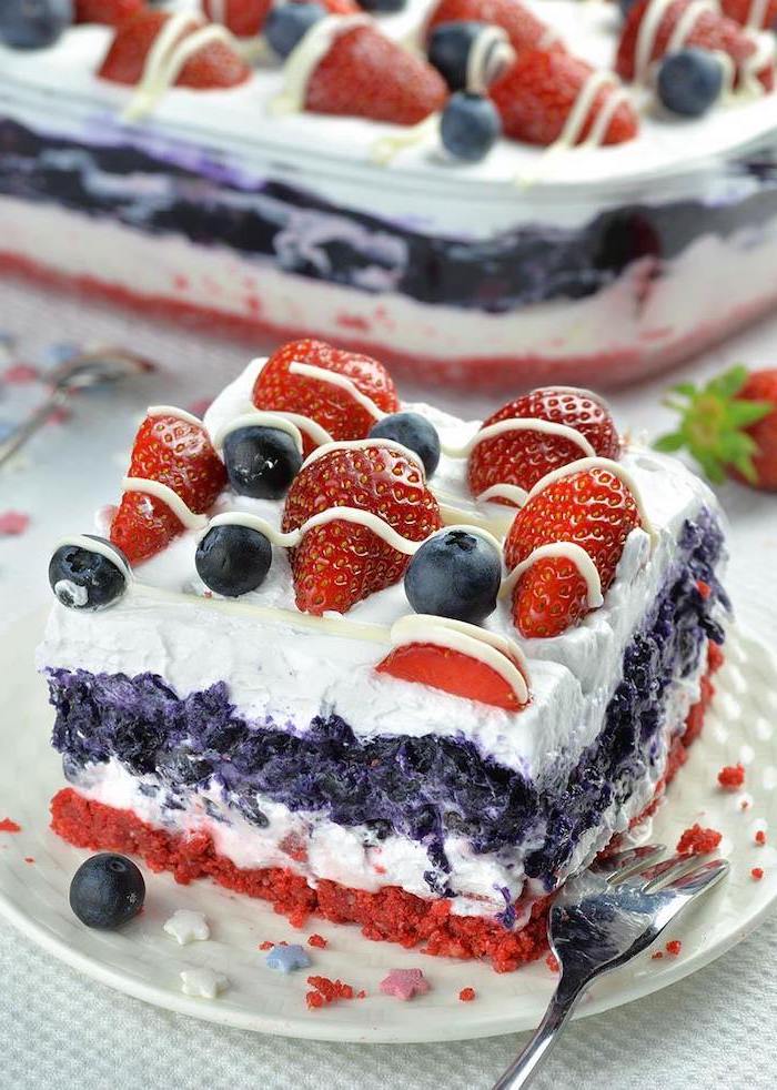 fourth of july, blueberries and strawberries, layered cake, homemade desserts, white chocolate drizzle