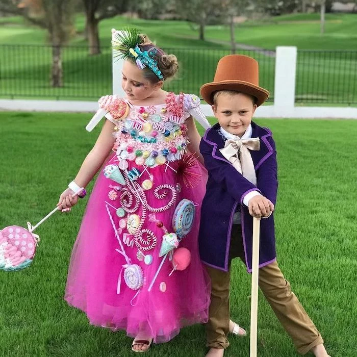 boy and girl, dressed as willy wonka and the chocolate factory, halloween costume ideas, pink tulle gown