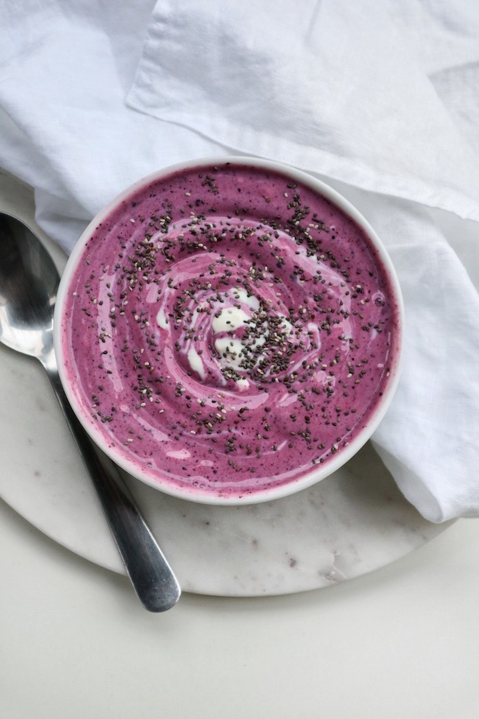 smoothie bowl, ketogenic diet recipes, berry smoothie, with chia seeds, marble cutting board, white cloth