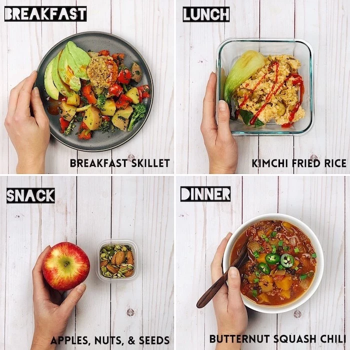 breakfast and lunch, snack and dinner, easy meal prep ideas, recipe for each meal, photo collage