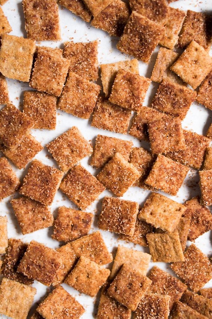 cinnamon toast crunch, keto breakfast ideas, small square pieces, on white table