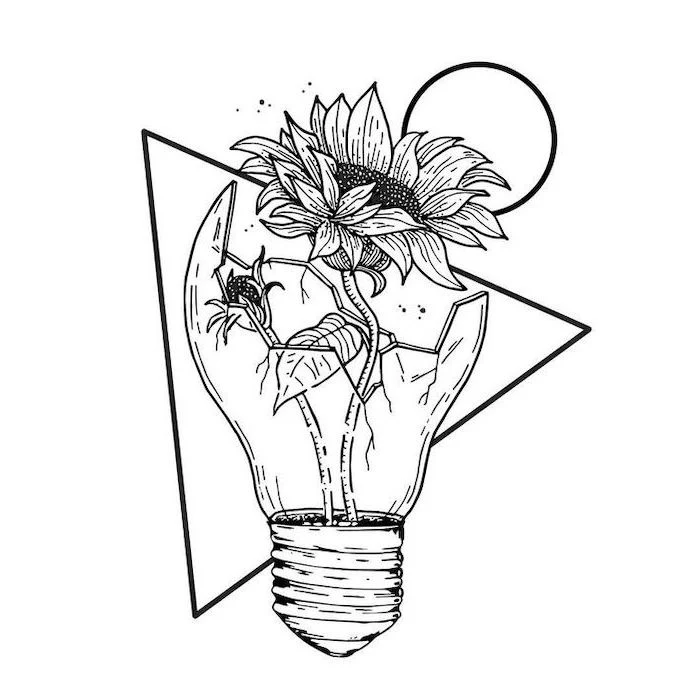two sunflowers, inside a broken light bulb, how to draw a sunflower, triangle and circle, black pencil sketch