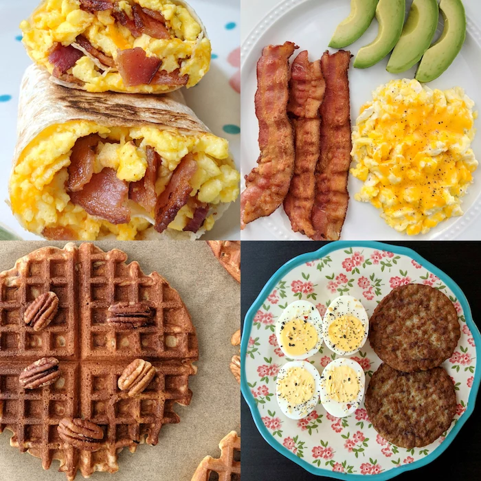 photo collage, ketogenic diet recipes, egg and bacon burritos, waffles with walnuts, boiled eggs