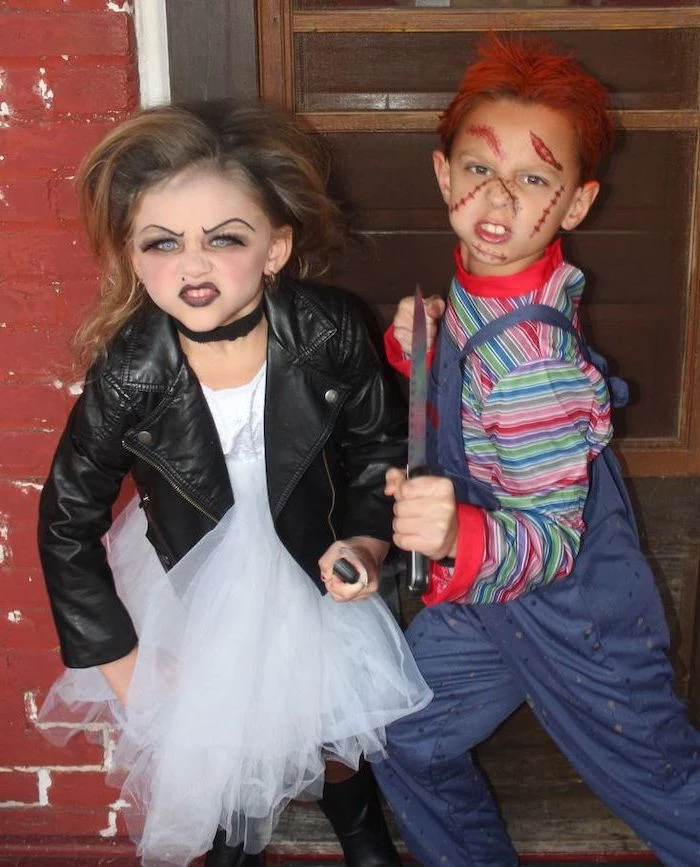 boy and girl, dressed as chucky, chucky's bride, halloween costumes for kids, wearing face makeup