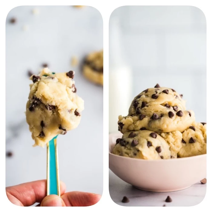 cookie dough, best chocolate chip cookie recipe, blue spoon, white bowl, side by side photos