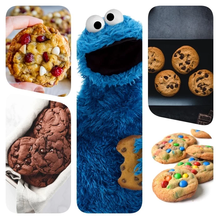 chewy chocolate chip cookies, cookie monster, photo collage, with different cookies, white background