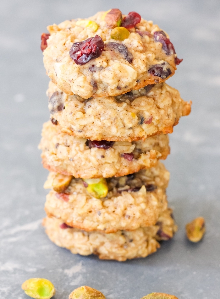 oatmeal cookies, with raisins and nuts, stacked together, soft chocolate chip cookies, granite countertop