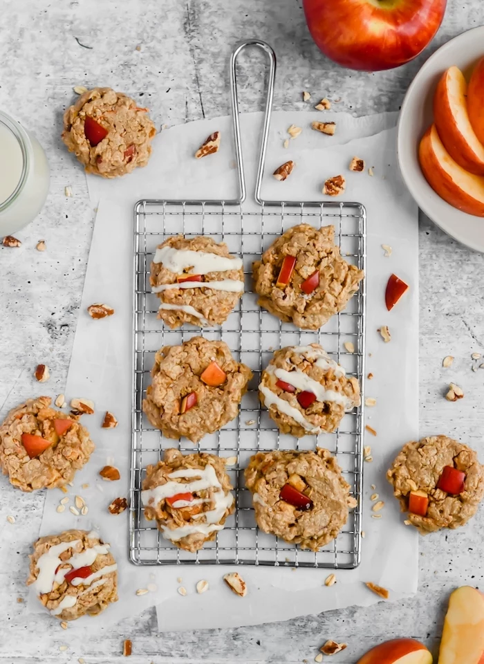 oatmeal cookies, with apples, soft chocolate chip cookie recipe, arranged on a metal rail, granite countertop