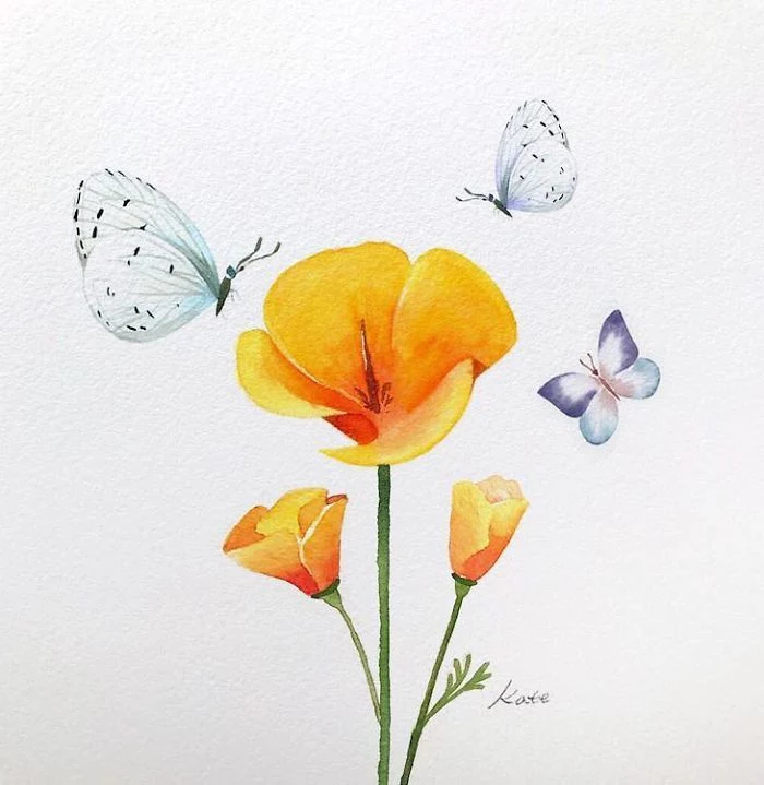 yellow flowers, surrounded by butterflies, on white background, rose drawing easy, watercolor painting