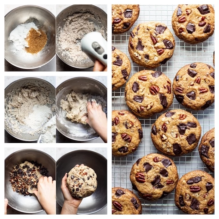 photo collage, step by step, diy tutorial, chewy chocolate chip cookies recipes, cookies with raisins and nuts