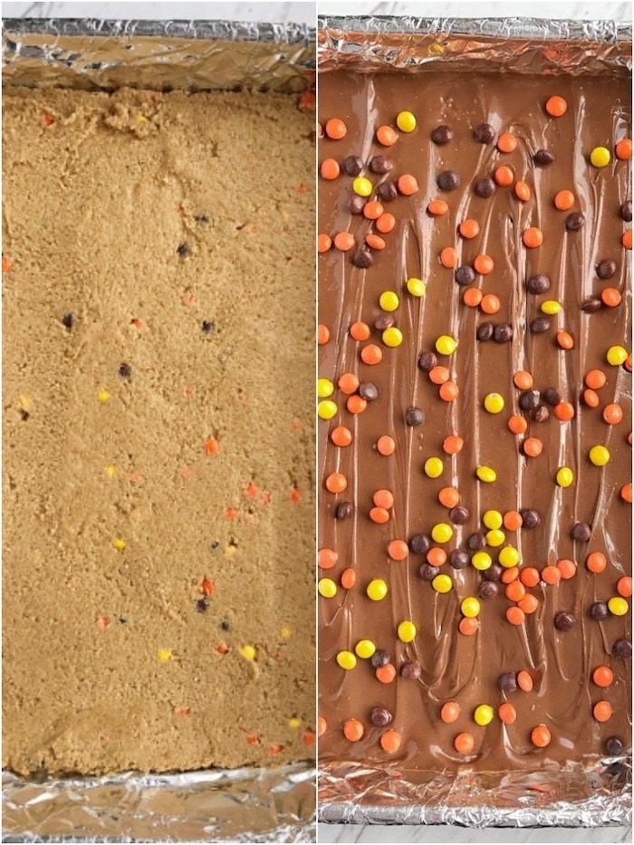 easy desserts to make, peanut butter, melted chocolate and skittles, spread in a tray