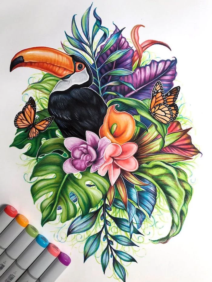 toucan bird, surrounded by flowers, palm leaves, two butterflies, simple flower drawing, white background