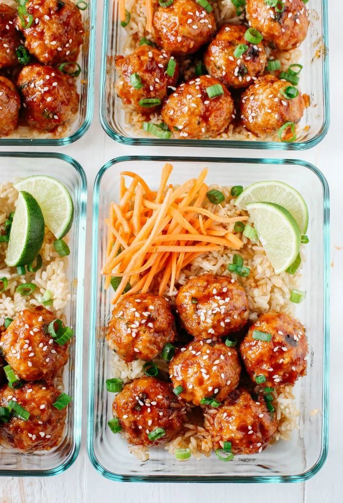 honey sriracha meatballs, meal prep for weight loss, rise and carrots, in a glass container, lime slices