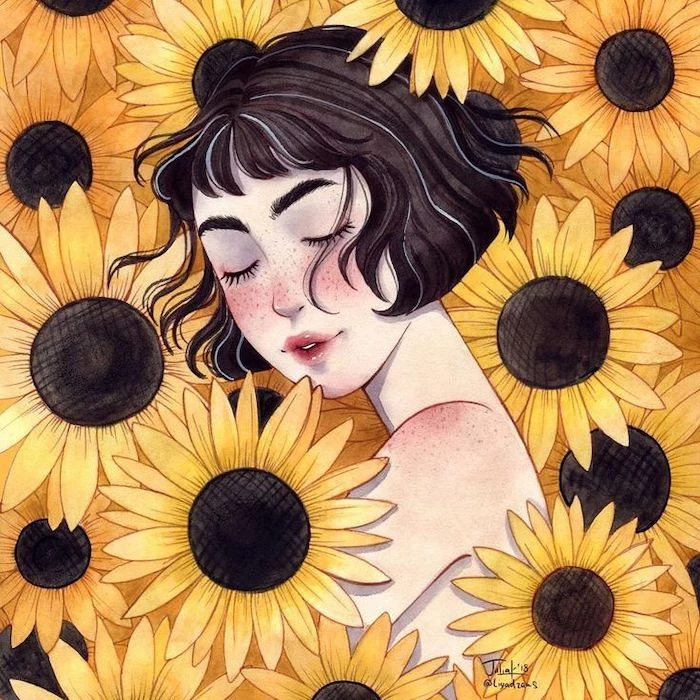 woman with short, brown hair, surrounded by sunflowers, cool designs to draw, colored painting