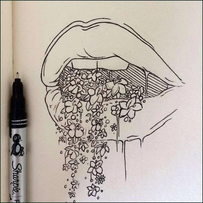 female lips, flowers coming out of them, cool designs to draw, black and white, pencil sketch