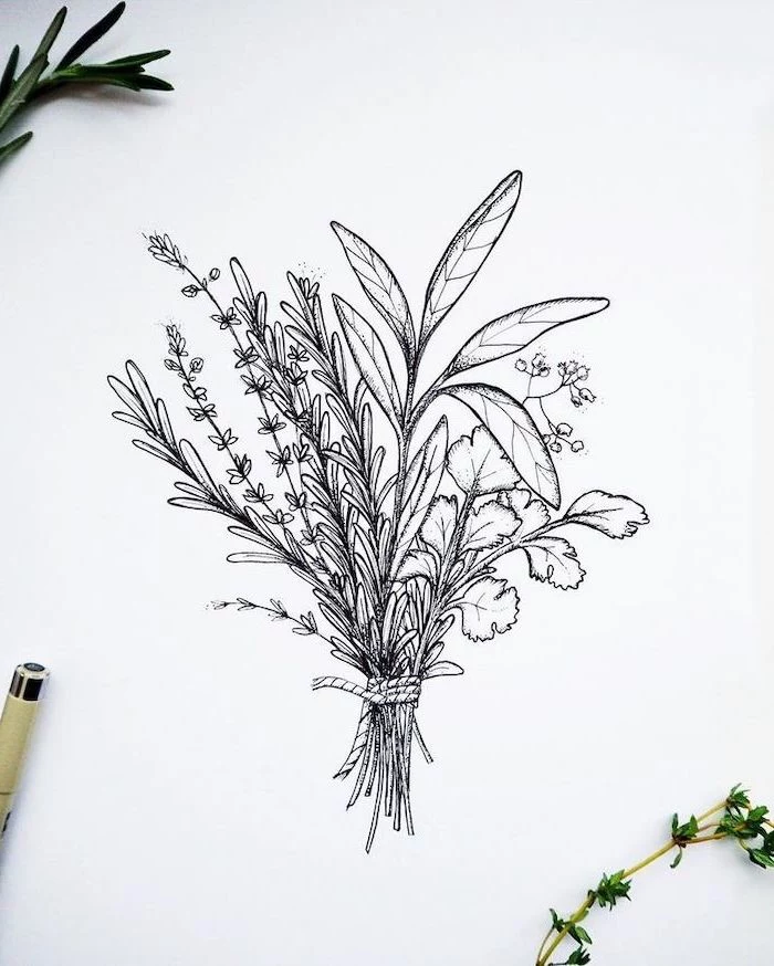 a bunch of flowers, on a white background, cool designs to draw, black and white, pencil sketch