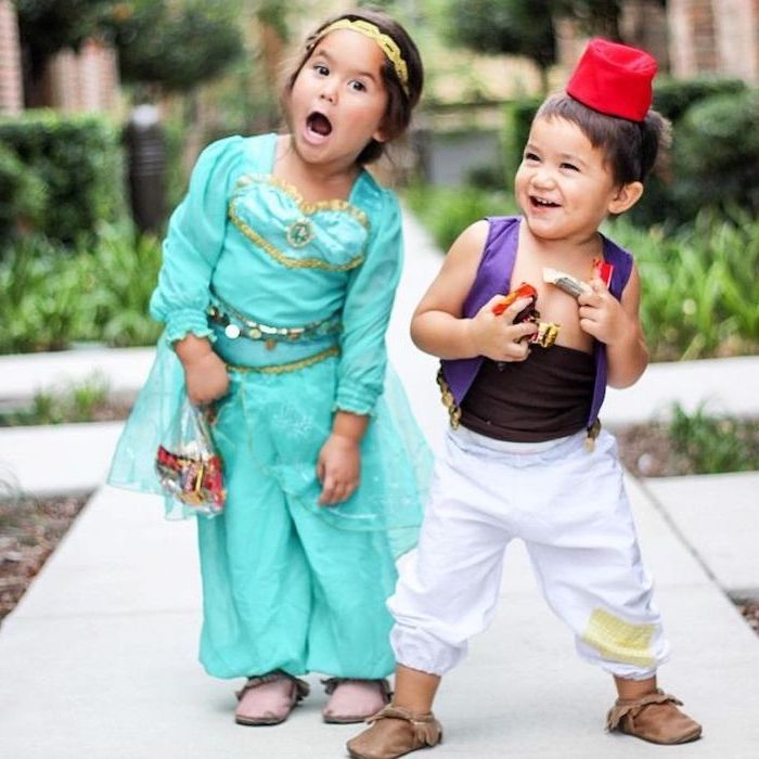 boy and girl, dressed as aladdin and jasmine, toddler girl costume, turquoise onesie, white pants, purple vest