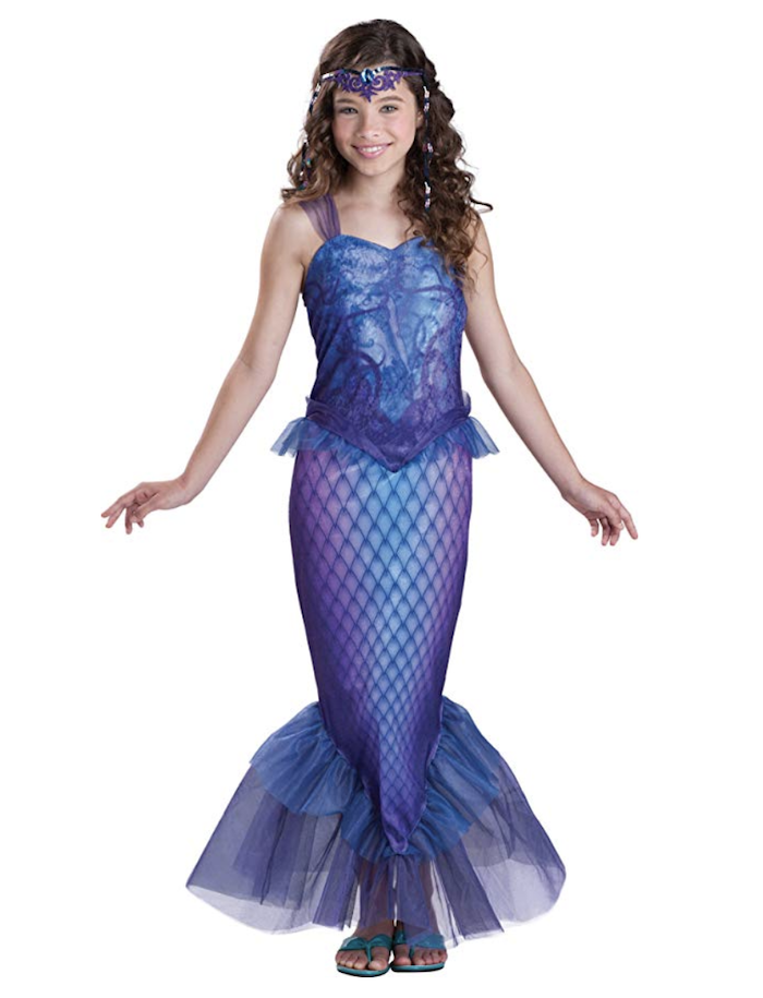 girl with brown hair, dressed as a mermaid, toddler girl costume, white background