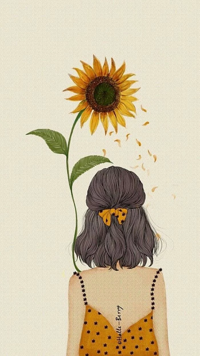 girl with short, brown hair, yellow dress, holding a sunflower, simple rose drawing, white background