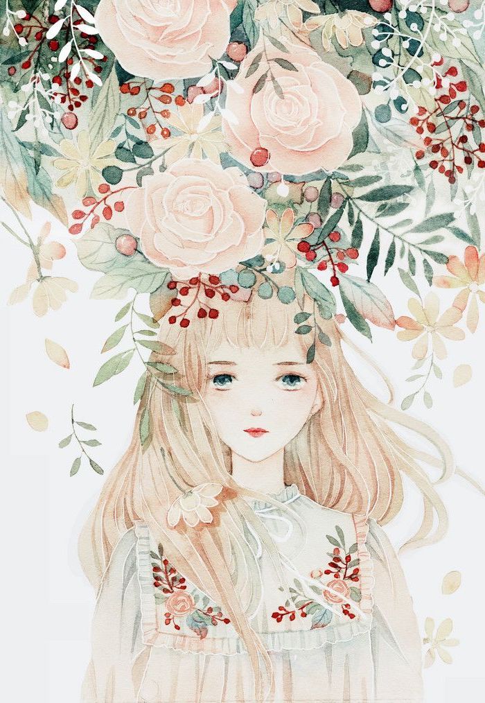 girl with long, blonde hair, surrounded by flowers, how to draw a rose easy, colored painting