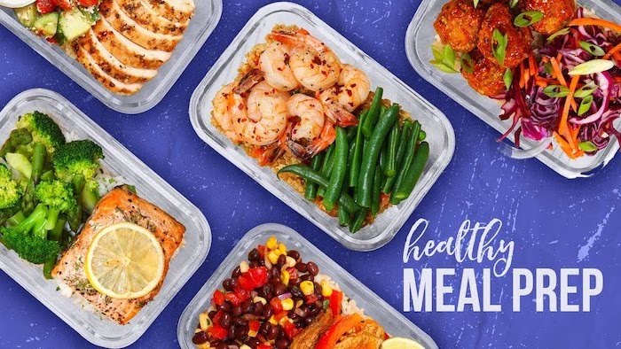 healthy meal prep, healthy meal prep ideas for weight loss, plastic containers, with different meals, purple background