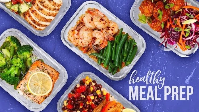 healthy meal prep, healthy meal prep ideas for weight loss, plastic containers, with different meals, purple background
