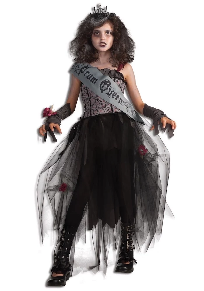 toddler boy halloween costumes, girl dressed as goth, prom queen, black tulle skirt, black boots, white background