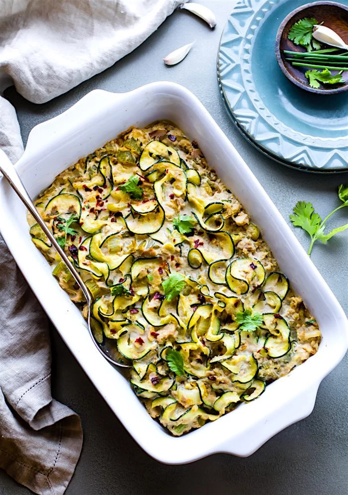 zoodle casserole, with tuna, white baking ceramic tray, how to make zucchini noodles, blue plates