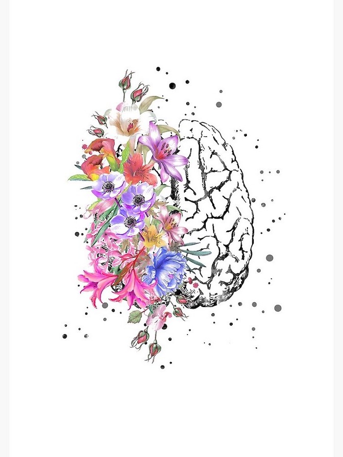 half brain, half flowers, how to draw a rose easy, white background, colored painting
