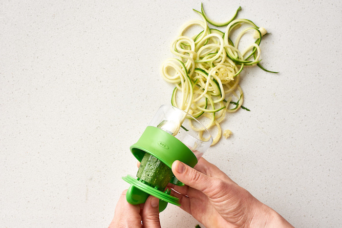 hand held spiralizer, how to make zoodles, zucchini noodles, white background