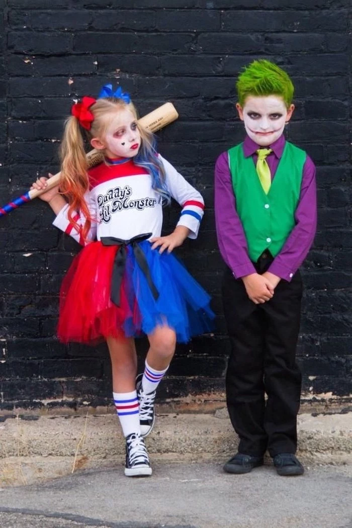 boy and girl, dressed as harley quinn and the joker, halloween costume ideas, red and blue tulle skirt, green hair