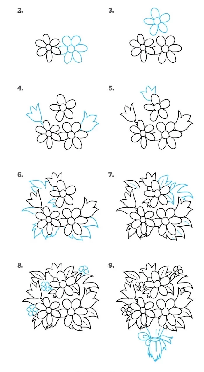 how to draw a flower bouquet, simple drawing ideas, white background, step by step, diy tutorial