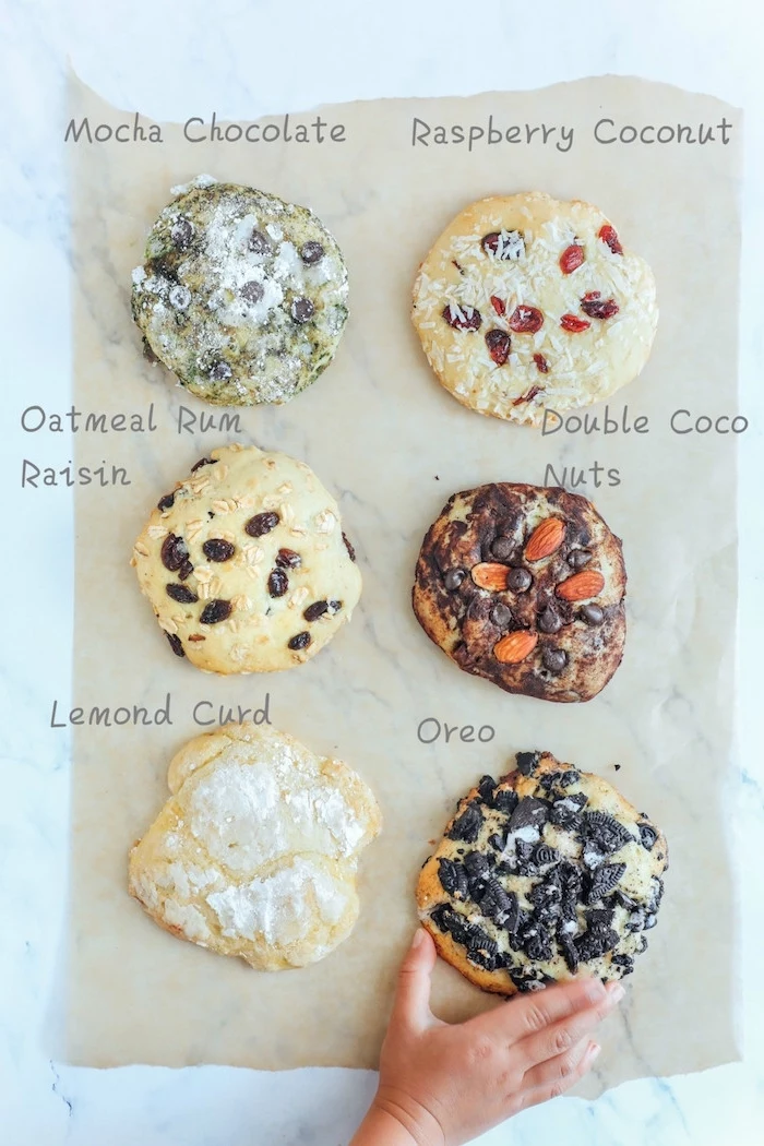 different types of cookies, best chocolate chip cookie recipe, mocha chocolate, raspberry coconut, lemon curd
