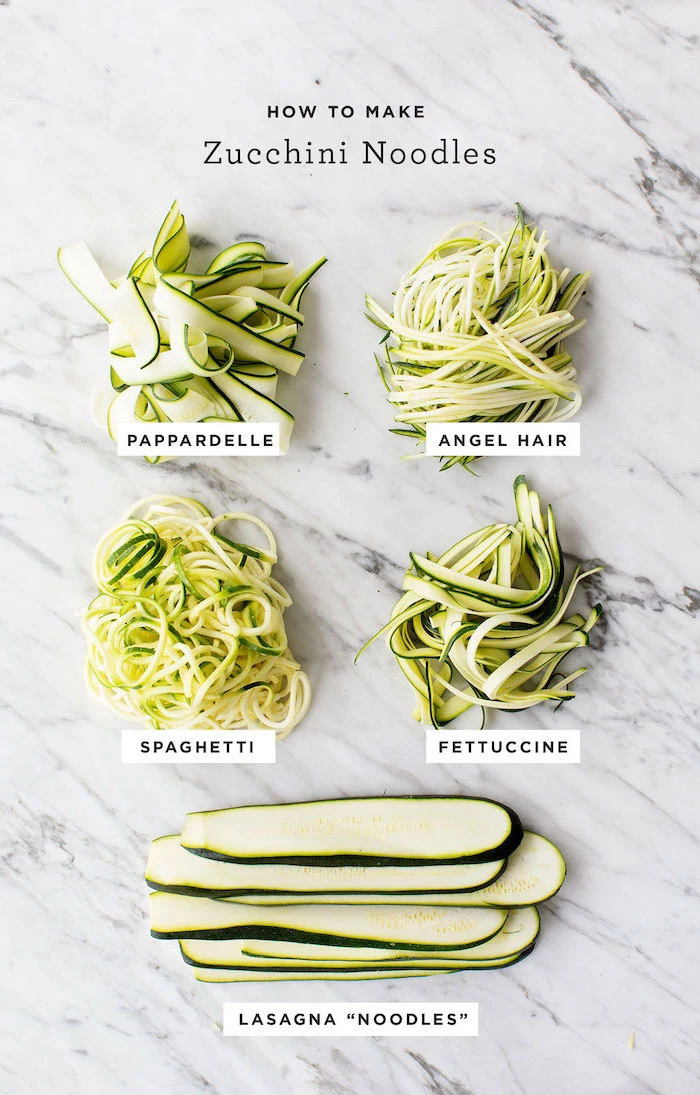 how to make zucchini noodles, pappardelle and angel hair, spaghetti and fettuccine, lasagna noodles, how to spiralize zucchini