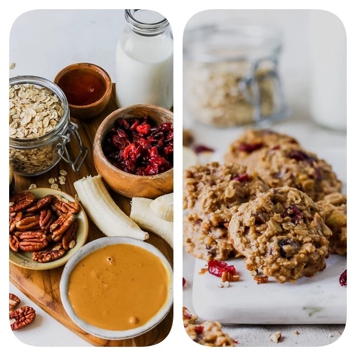 side by side photos, how to make homemade cookies, ingredients for cookies, in wooden bowls, oatmeal in a jar