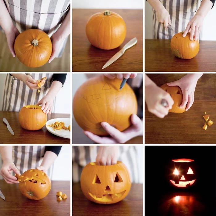 step by step, diy tutorial, how to carve a pumpkin, cute pumpkin carvings, photo collage