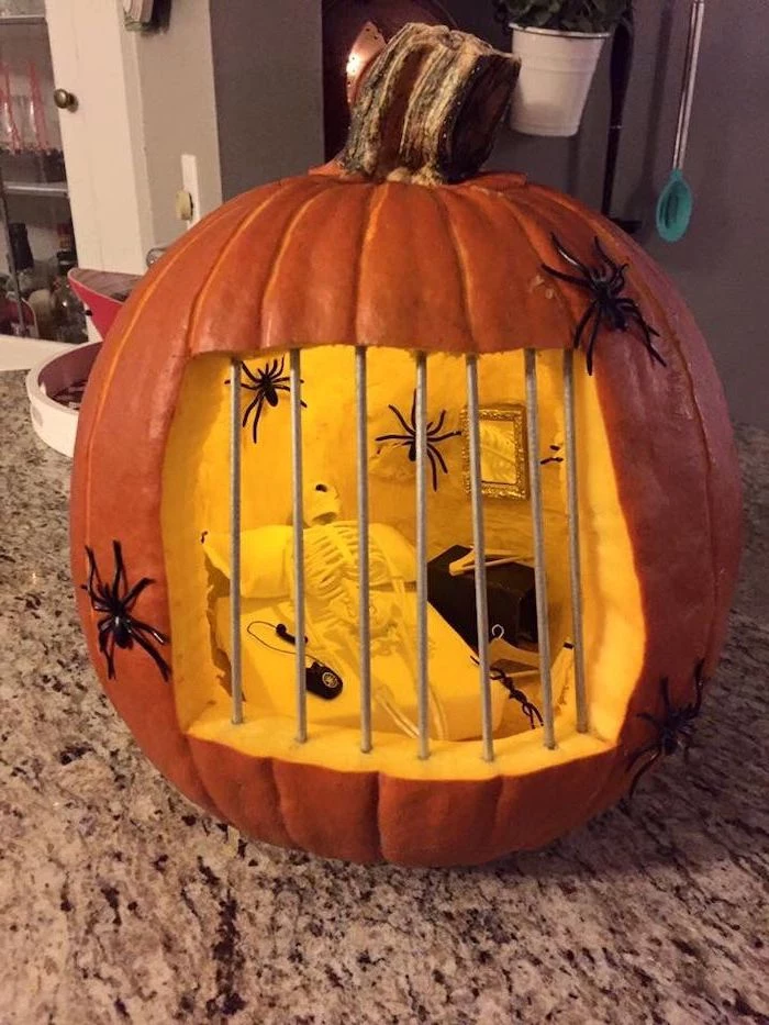 jail cell, skeleton inside, laying on a small bed, inside a pumpkin, cute pumpkin carvings, plastic spiders