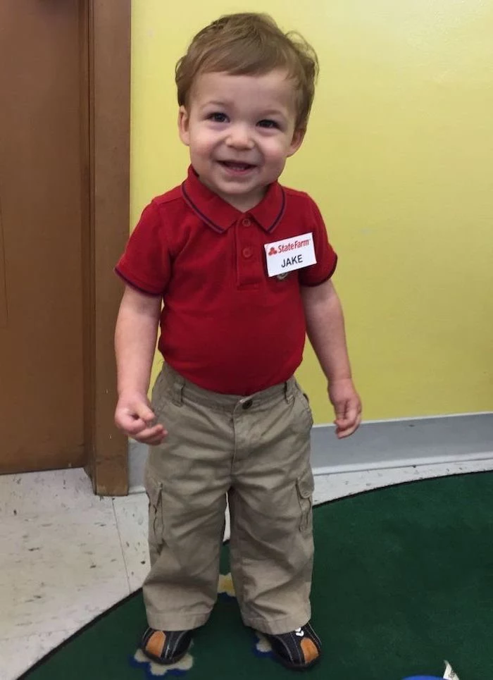 little boy, dressed as jake, from state farm, superhero costumes for kids, red shirt, khaki pants