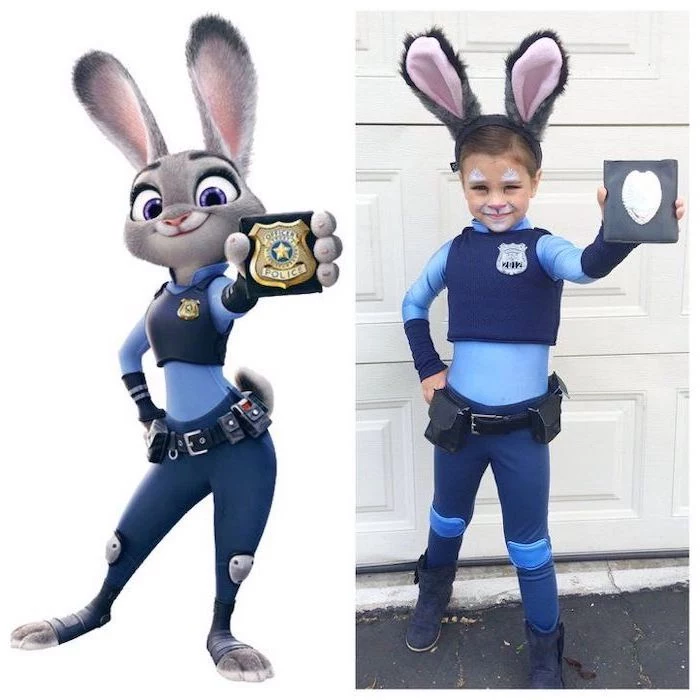 side by side photos, girl dressed as judy hopps, zootopia movie inspired, superhero costumes for kids, holding a badge