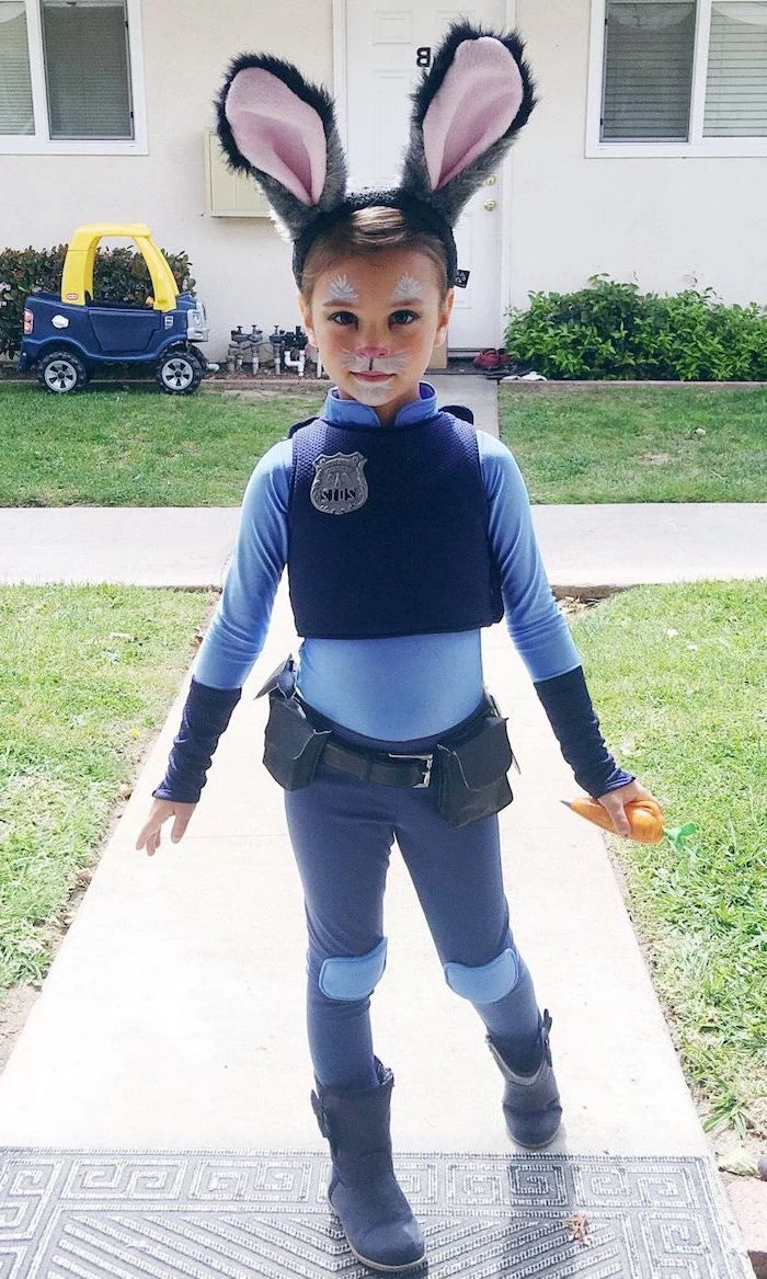 girl dressed as judy hopps, zootopia movie inspired, toddler boy halloween costumes, bunny ears, police uniform