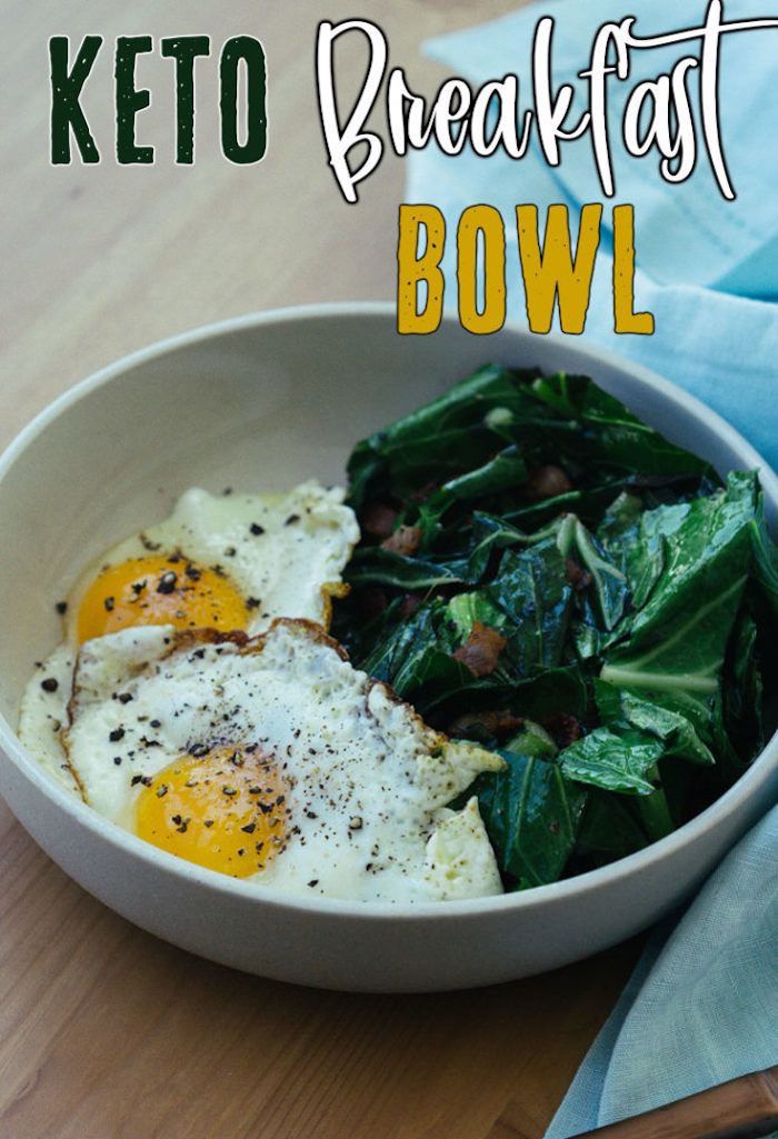 keto breakfast bowl, fried eggs, spinach with bacon, on the side, in a white bowl, wooden table, easy keto meals