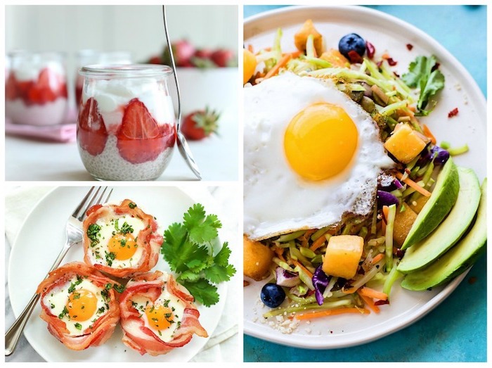 photo collage, yoghurt with chia seeds, bacon and eggs, egg and vegetables, quick keto breakfast