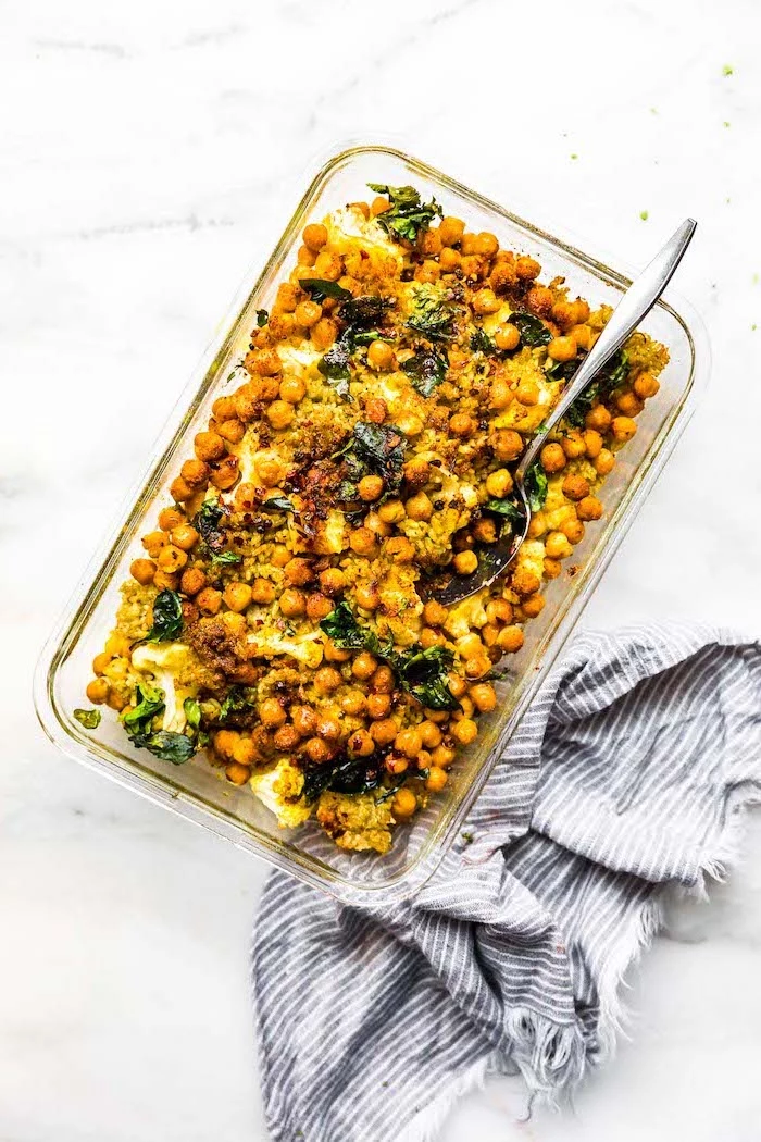 chickpeas casserole, healthy lunch ideas for work, spinach and cauliflower, silver spoon, glass tray